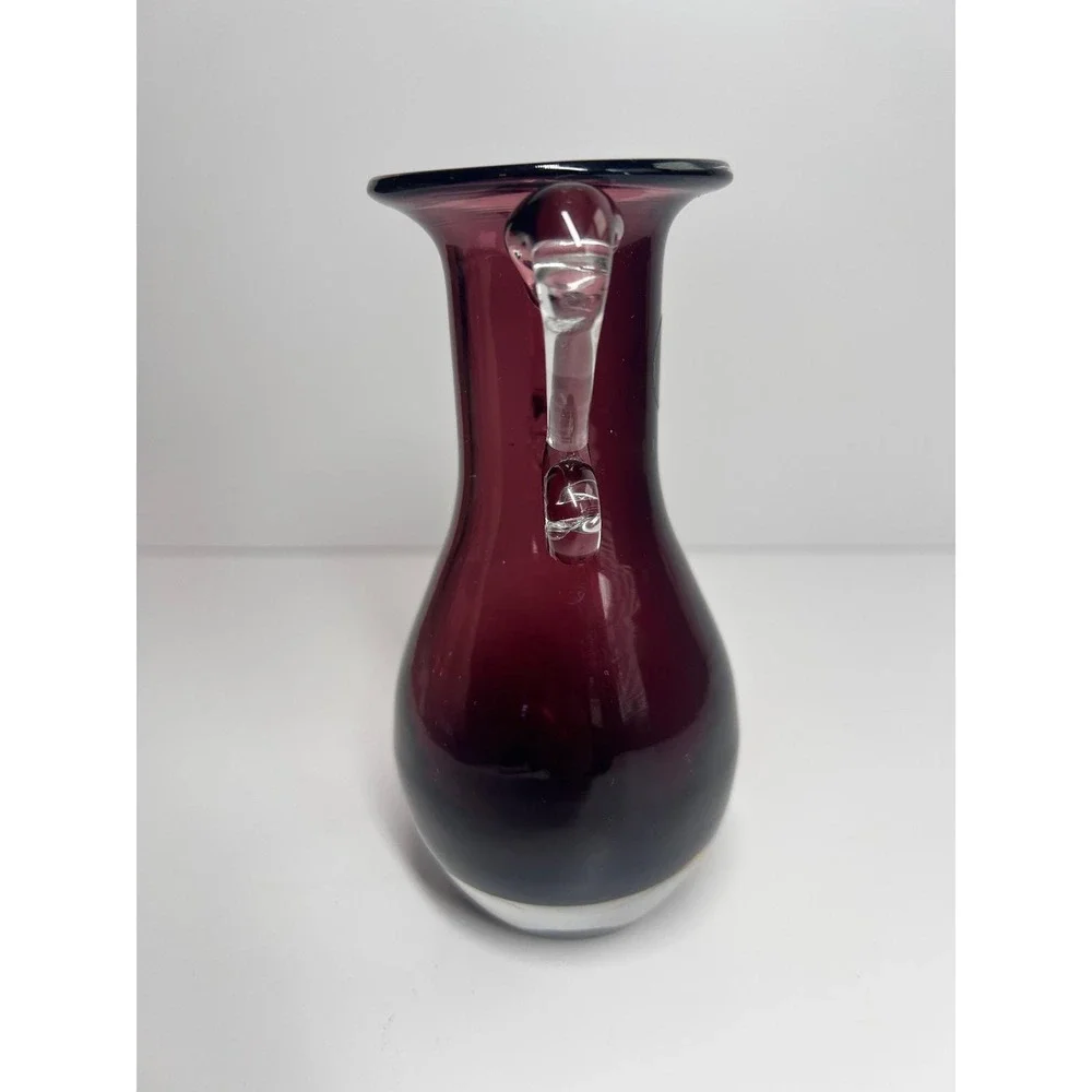 Vintage Amethyst Purple Glass Vase Made in Poland Clear Scroll Handles 6 In. MCM